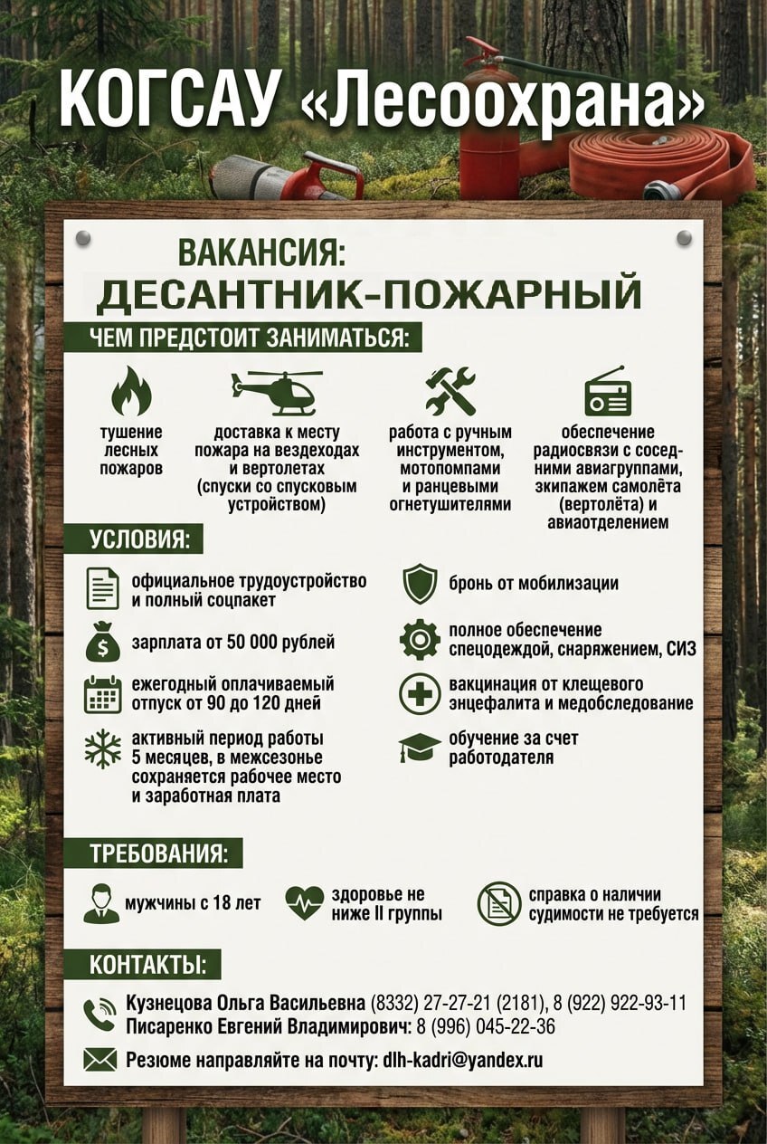 Вакансии в КОГСАУ «Лесоохрана»..